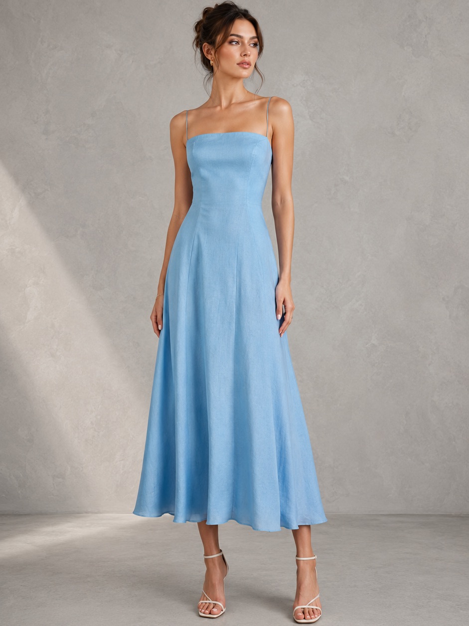 Reformation 100% Linen Starfruit Parisian Blue Open Back Midi Dress B1146